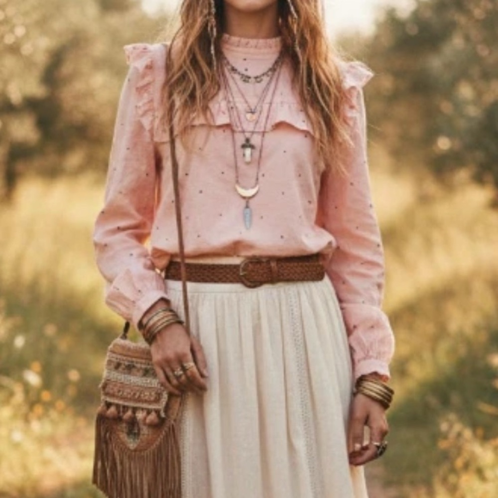 LOFT Blush Pink Heart Print Ruffle Yoke Long Sleeve Blouse 100% Cotton Boho